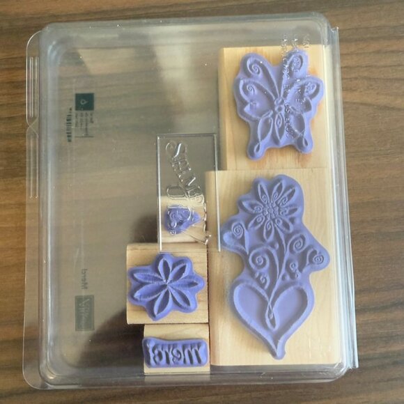 Stampin Up! Merci Butterfly & Flower Rubber Stamp Set Of 5 With Wooden Blocks Cr - Picture 4 of 9
